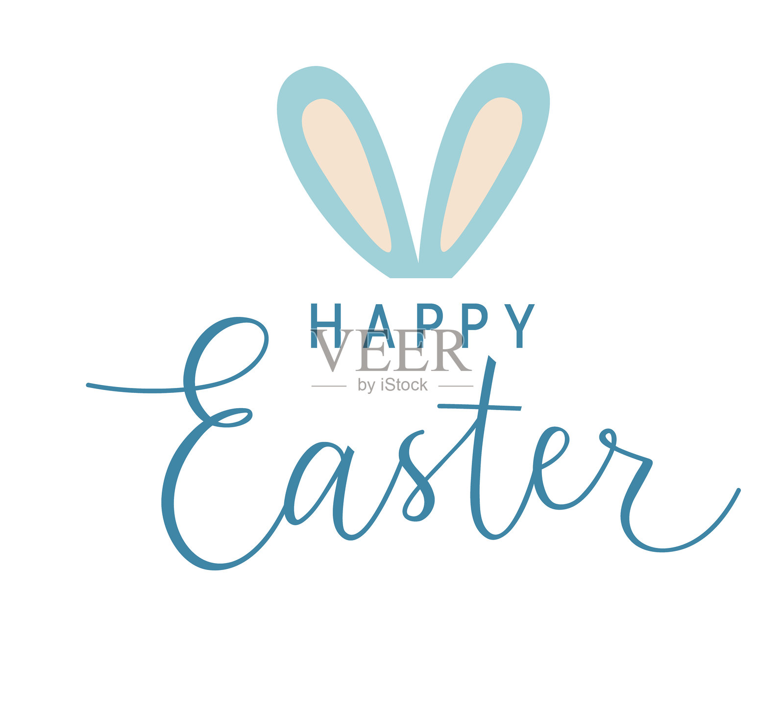 复活节快乐设计模板。假日白色背景，复活节兔耳朵独立于白色背景上。复活节快乐文字。插画图片素材