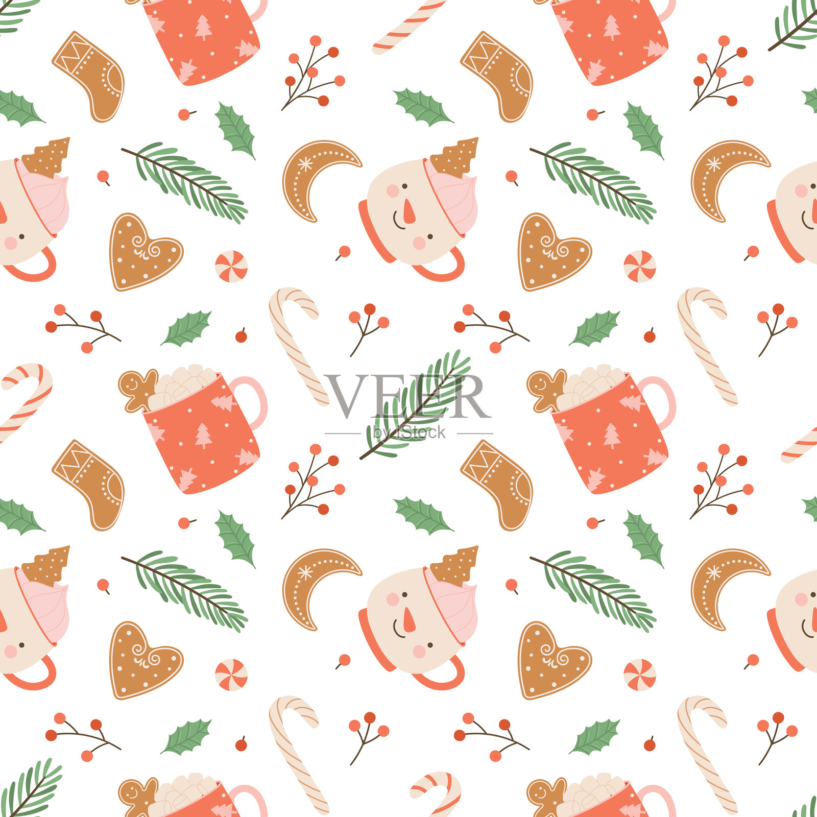 圣诞节无缝图案，包含热饮、甜点和冬季植物插画图片素材