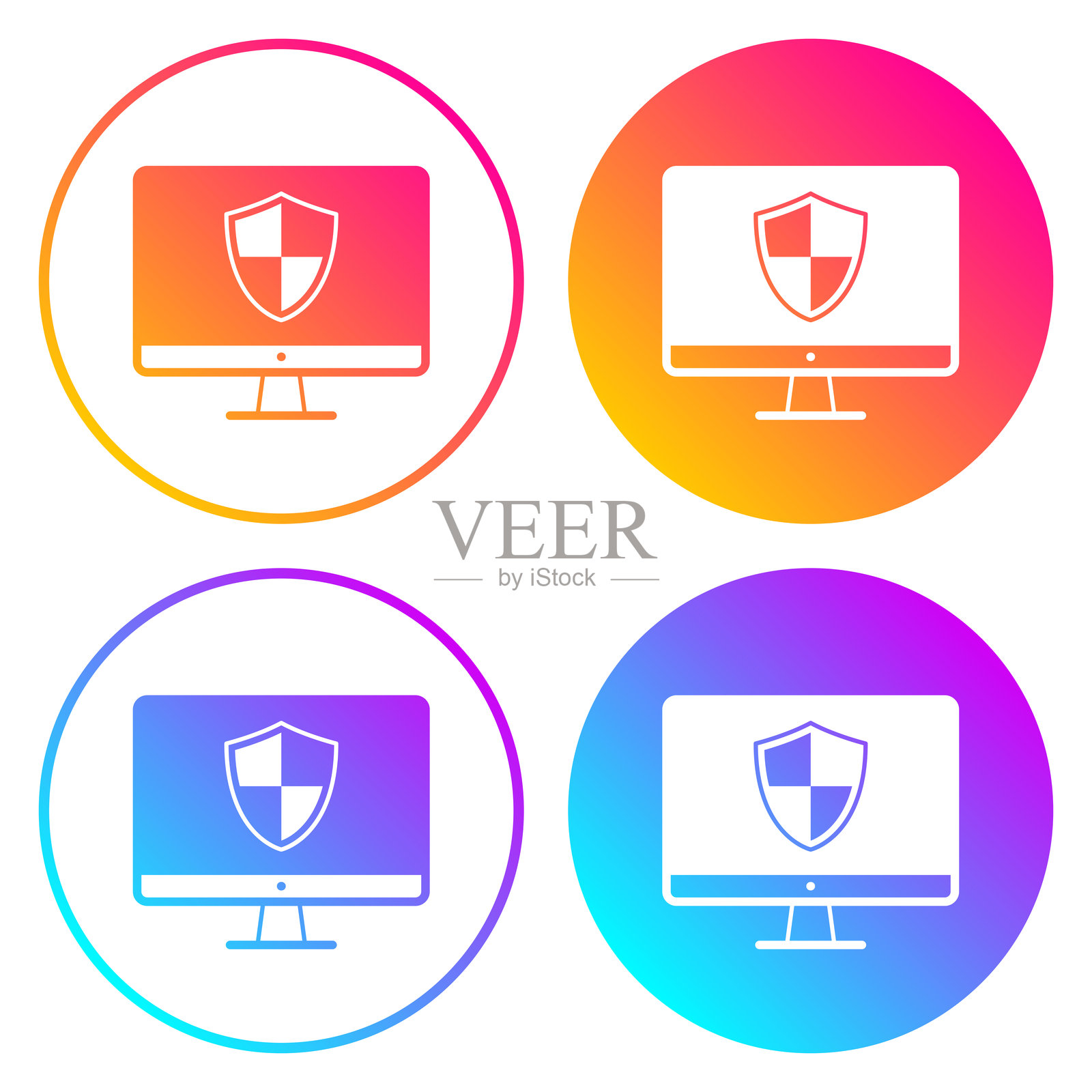 带有保护盾的台式电脑。带有颜色渐变的圆形图标插画图片素材