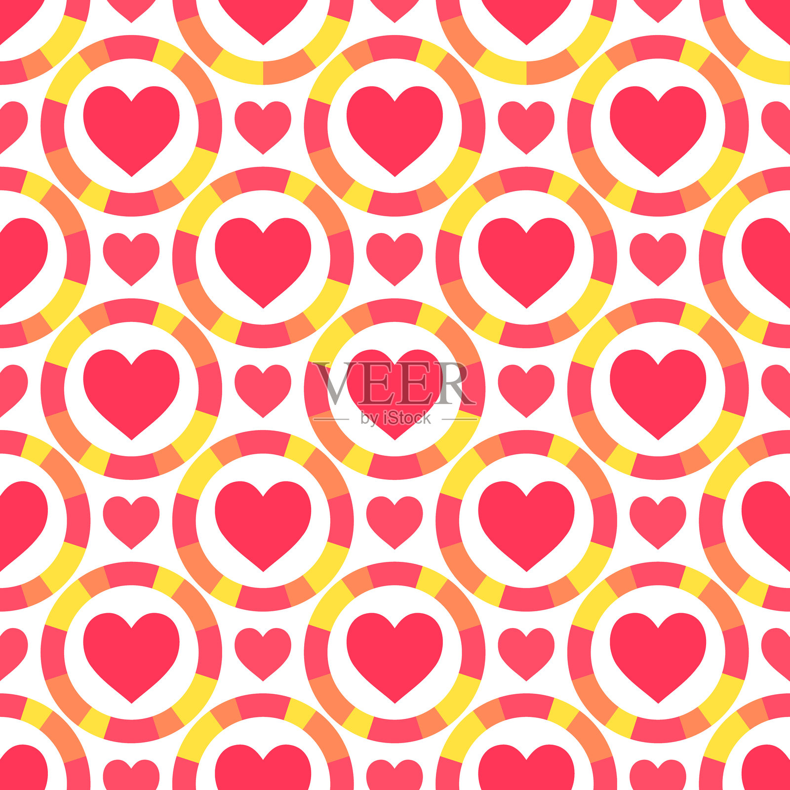 白色背景上，红色心形图案中心围绕着五彩缤纷的圆环，形成无缝图案。插画图片素材