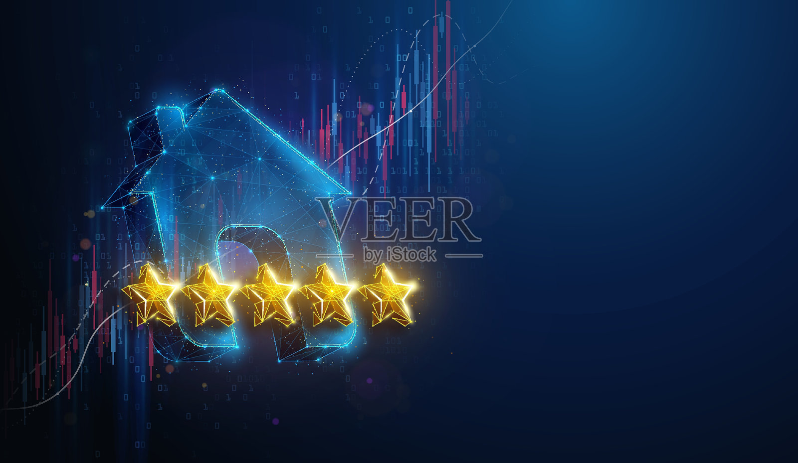 低多边形五星级酒店符号的抽象插图，背景为股票市场图表。几何背景描绘五星级酒店、住宅、房地产市场增长的金融概念，采用线框网格设计。插画图片素材