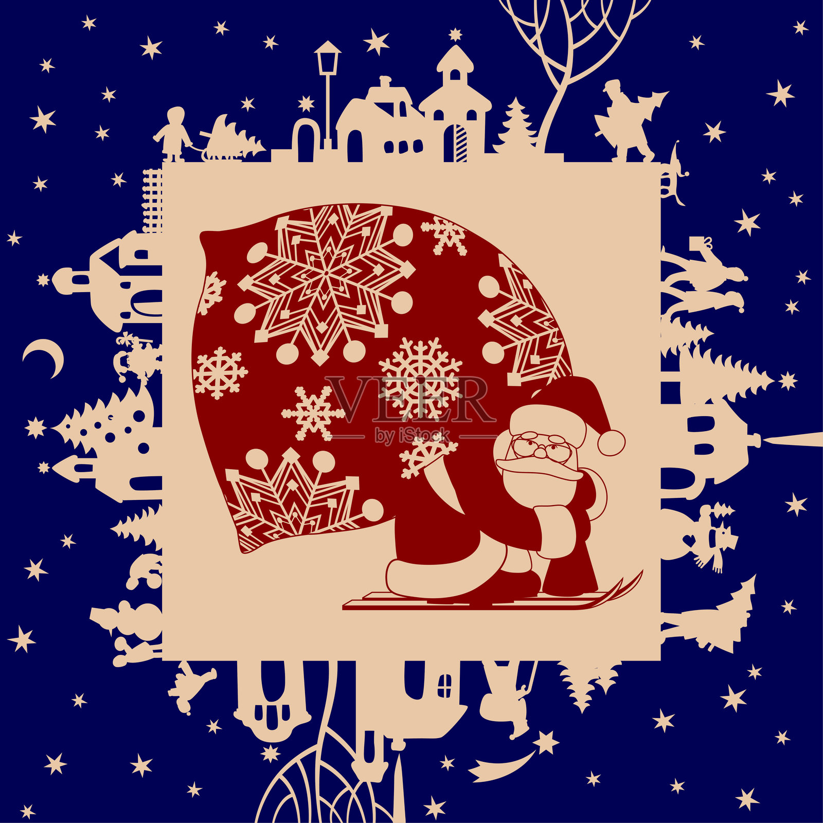 圣诞节和新年框架，蓝色背景上有城镇和人们的剪影，红色圣诞老人滑雪，背着一个大袋子。插画图片素材