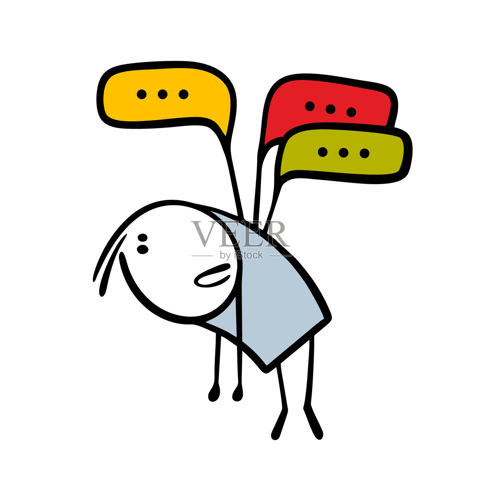 不幸的小人被气球绑着在空中飞翔。矢量插图中的搞笑人物在心理上依赖他人的意见和批评。白色背景上的独立涂鸦角色。插画图片素材