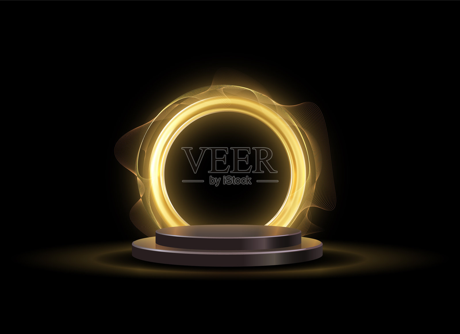 带有圆形金色发光框和波浪流动的讲台矢量插图。插画图片素材