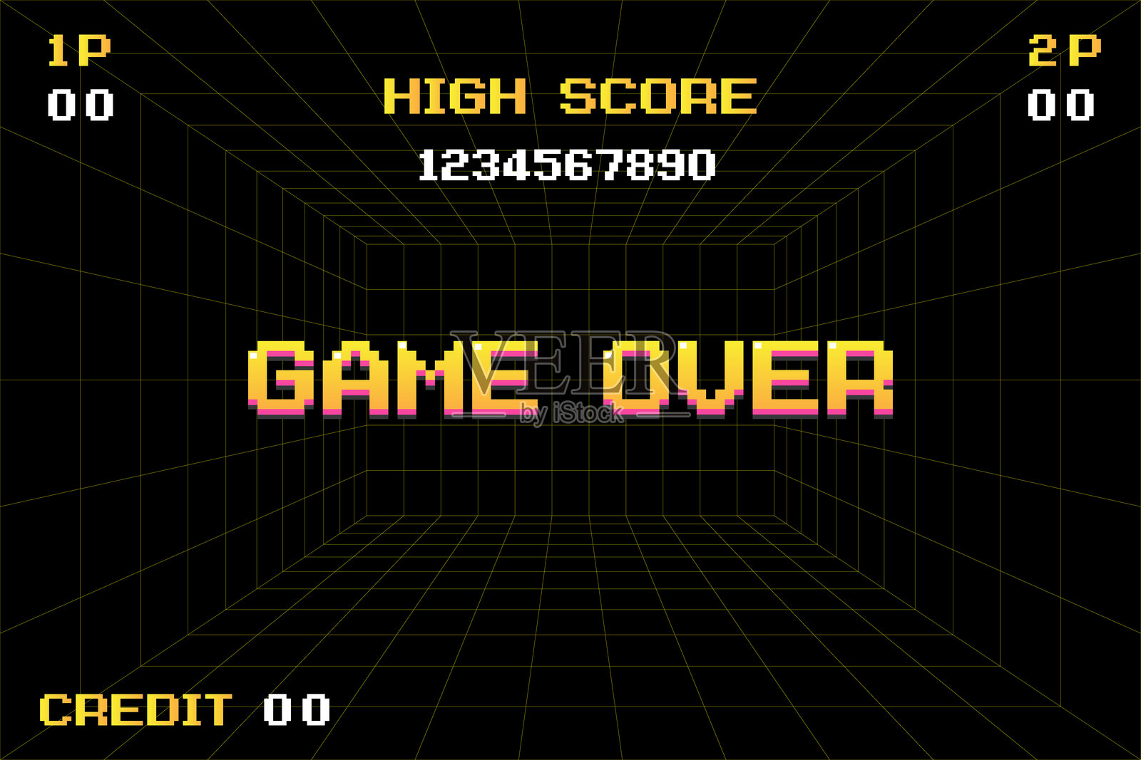 游戏结束。请插入硬币继续或退出游戏主菜单。现代时尚的游戏背景，带有灯光效果，适用于矢量插图的游戏资产。插画图片素材