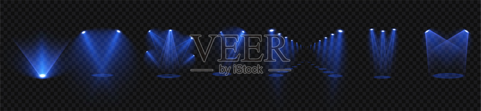 舞台上的明亮聚光灯发出光芒。为您的设计和插图提供的独特光效。该矢量光效套件包括光源和摄影棚灯光。插画图片素材