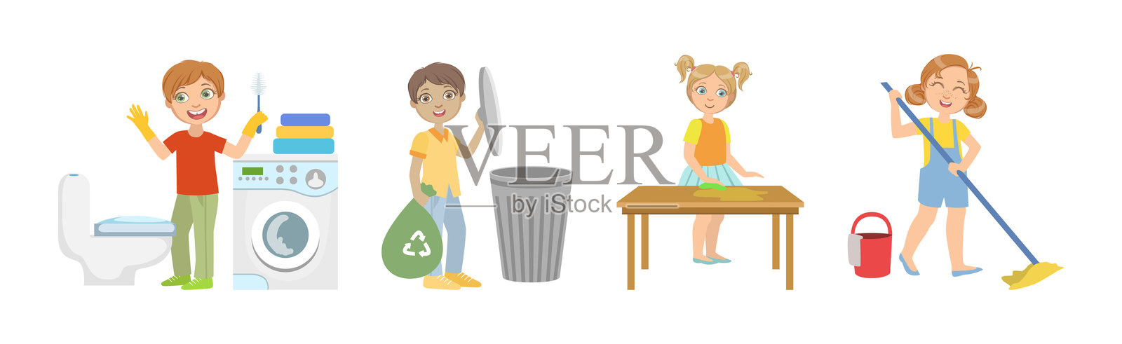 孩子角色做家务和帮助打理杂务的矢量图集插画图片素材
