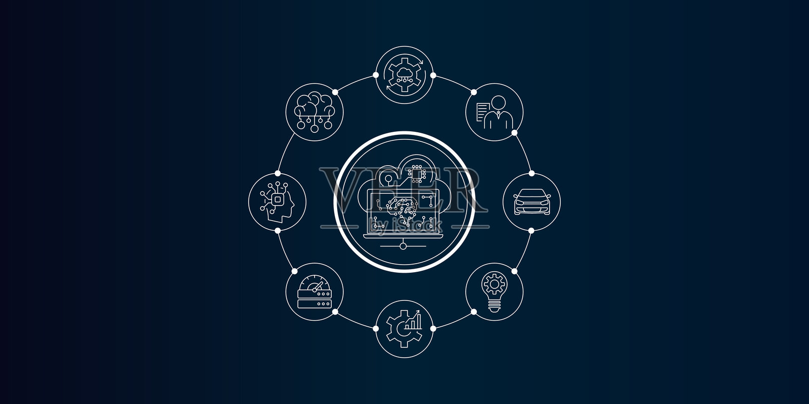 物联网图标集。扁平轮廓设计的物联网符号，包含智能设备、人工智能、自动化机器学习、智能机器人、网络安全、商业和工业的矢量插图。插画图片素材