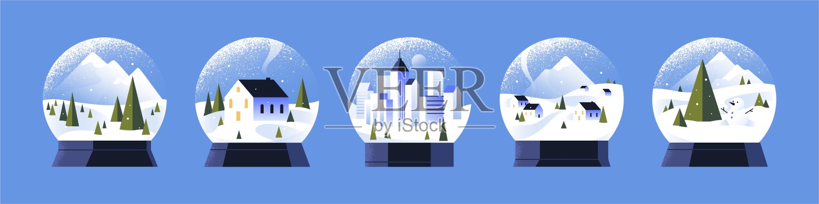 一组内部有冬季风景的雪花球。圣诞玻璃球，包含城市、乡村建筑、树木和山脉。圣诞装饰球，节日室内装饰。平面孤立的矢量插图。插画图片素材