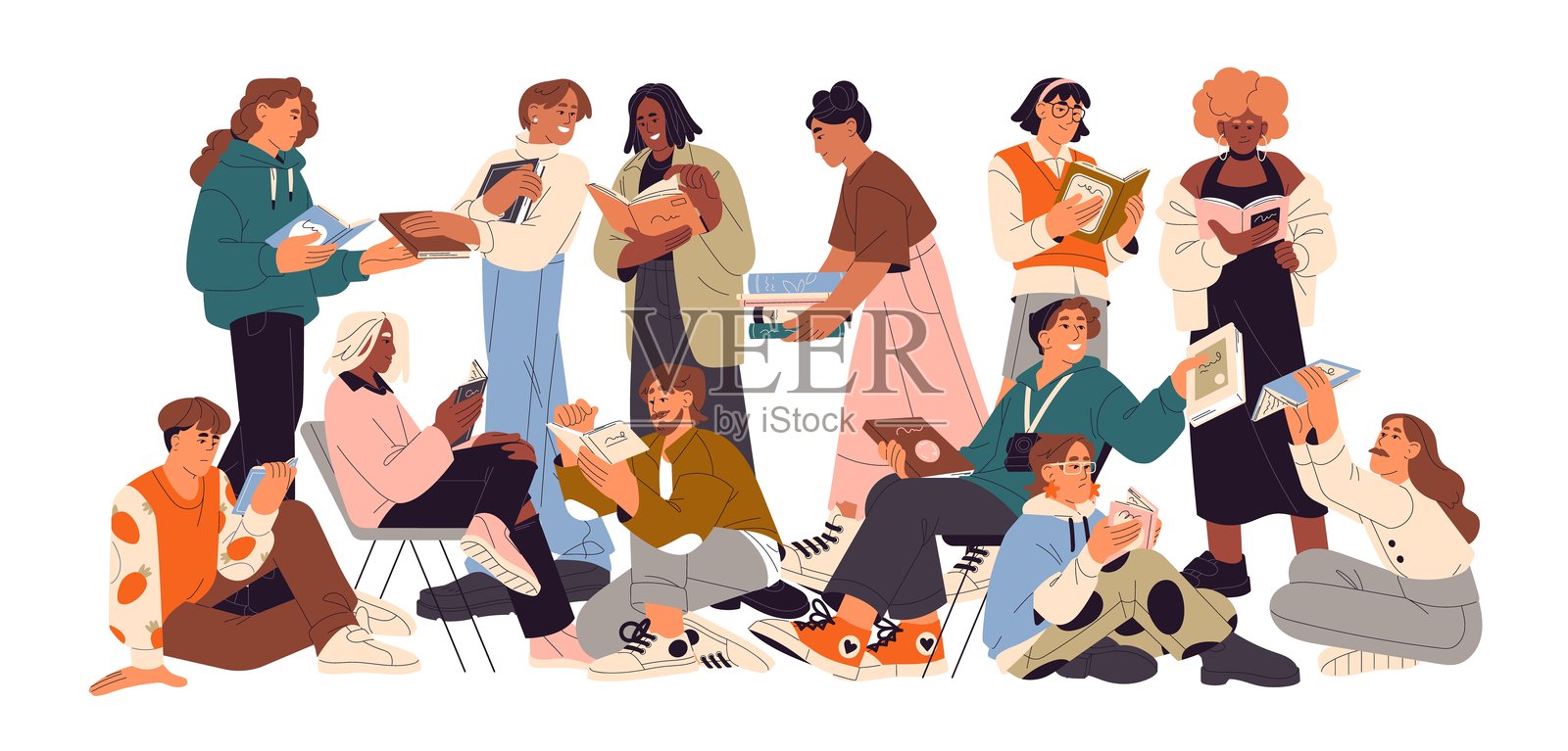 快乐的读者们互相交换书籍。不同的人们一起阅读文学作品。一群学生在图书馆用教科书学习。书籍交换的概念。扁平化的孤立矢量插图在白色背景上。插画图片素材
