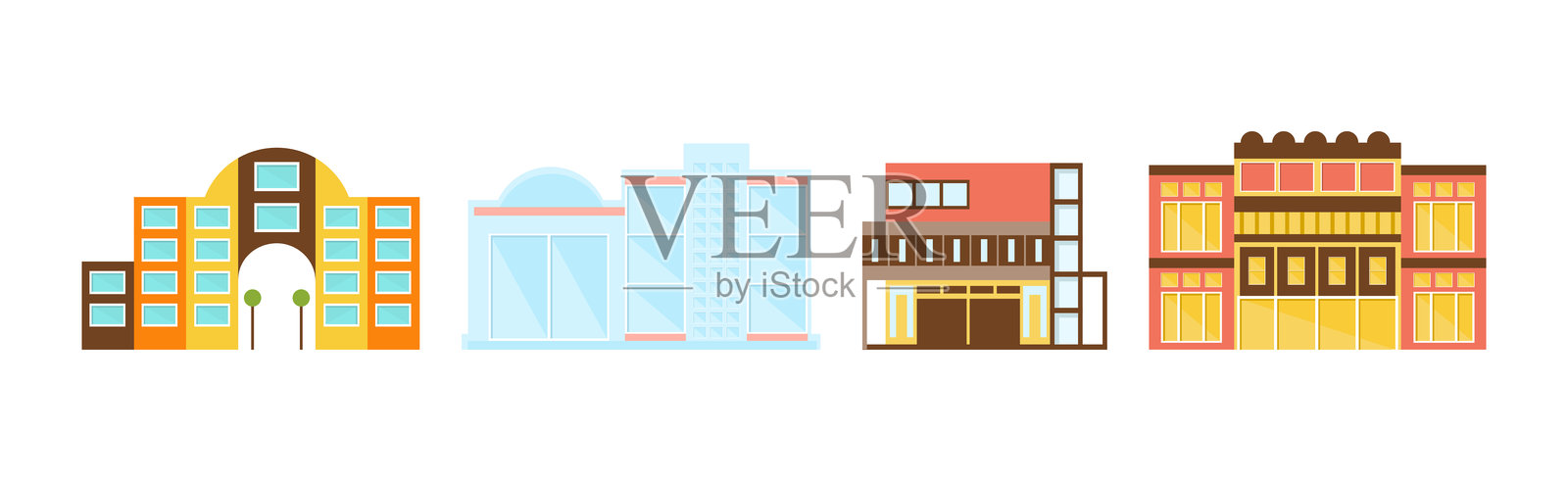 商业建筑和城市建筑正面视图矢量图集插画图片素材