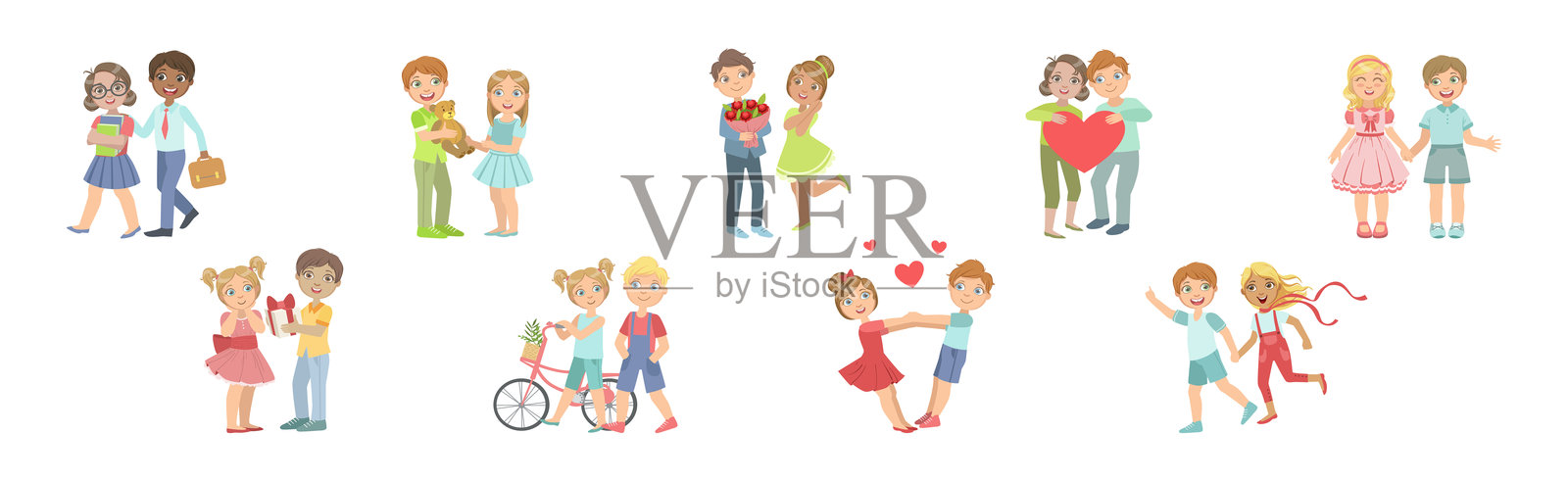 快乐的儿童情侣角色在爱情中感受激情的矢量图集插画图片素材