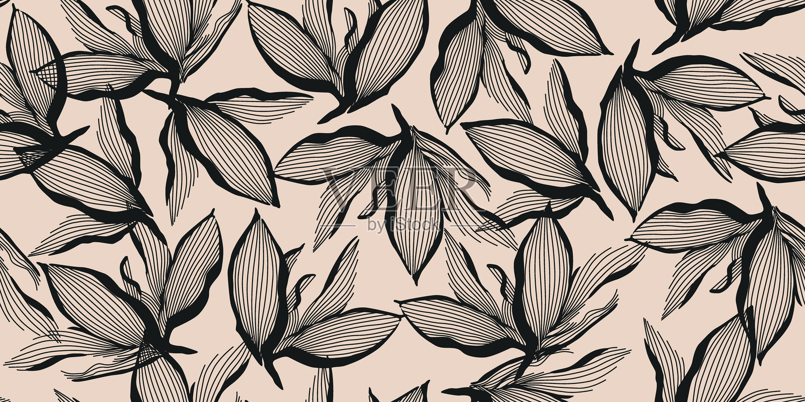 花卉无缝图案。有机形状的抽象花卉背景。现代黑白色调的印刷设计，适用于纺织品设计、面料、墙纸、封面、卡片、墙面艺术、海报和装饰。插画图片素材