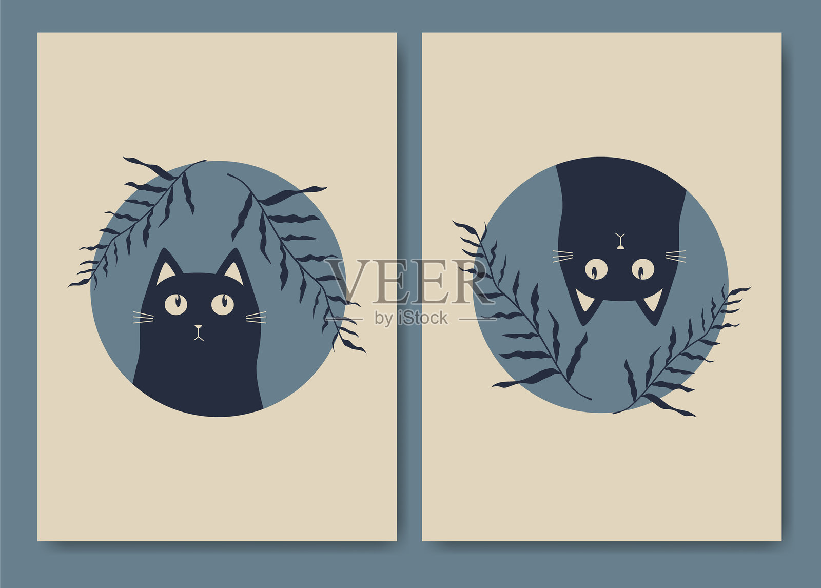 黑猫美学波西米亚插图。家猫2D可爱模板集插画图片素材