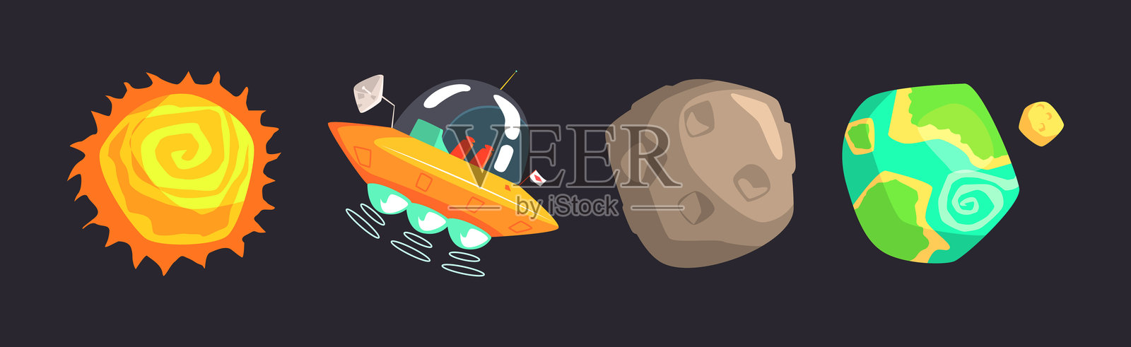 太空探索：太阳、月球、地球和飞碟航天飞机矢量图集插画图片素材
