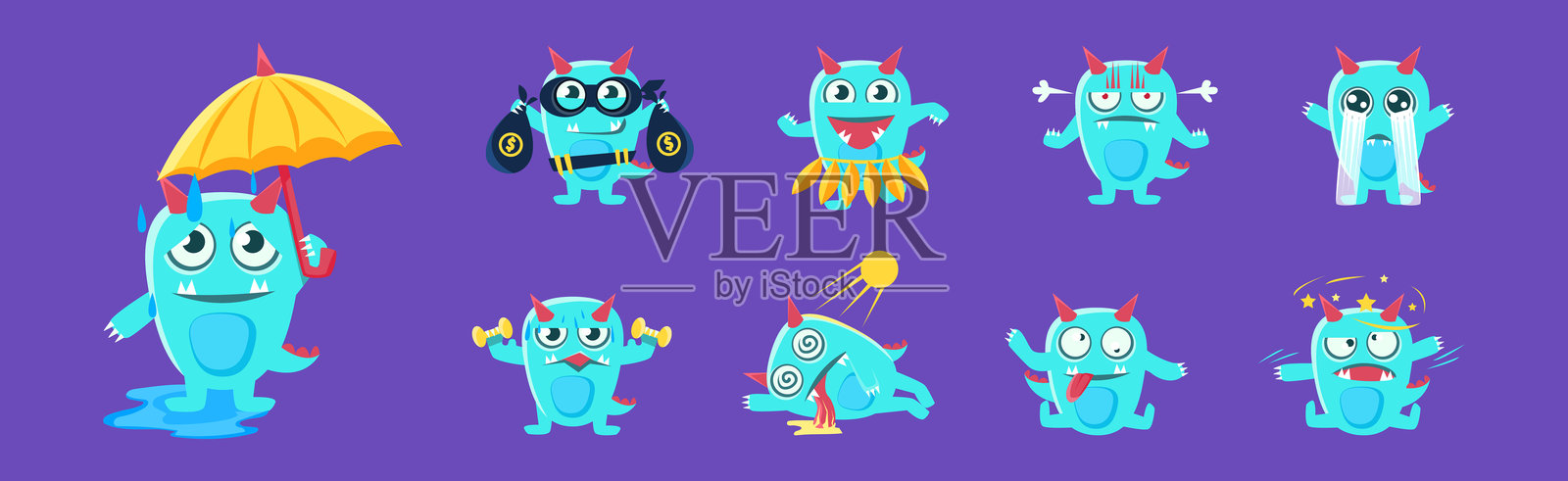 搞笑怪物角色参与不同活动的矢量图集插画图片素材