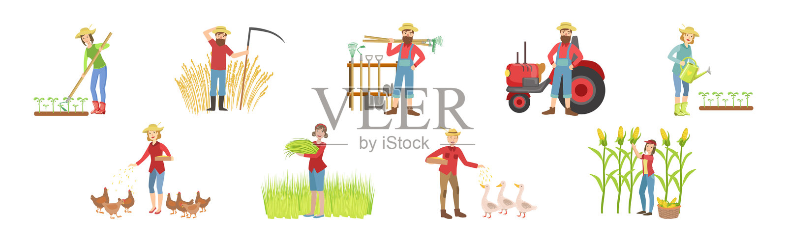 男女农民角色享受农业工作的矢量图集插画图片素材