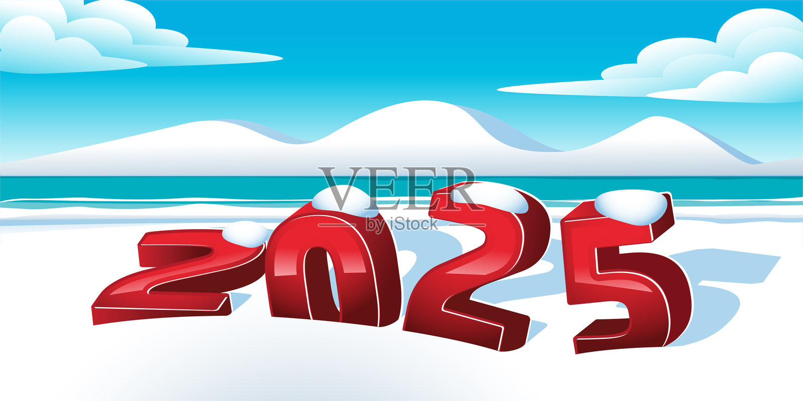 在雪地上形成的粗体红色3D数字“2025”插画图片素材