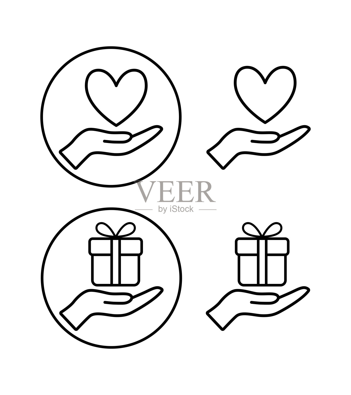 矢量图标集，手握礼物和心形图标的图标。手中一组图标。手握礼物和心形徽章。手握礼物和心形图标，采用扁平和线性风格。插画图片素材