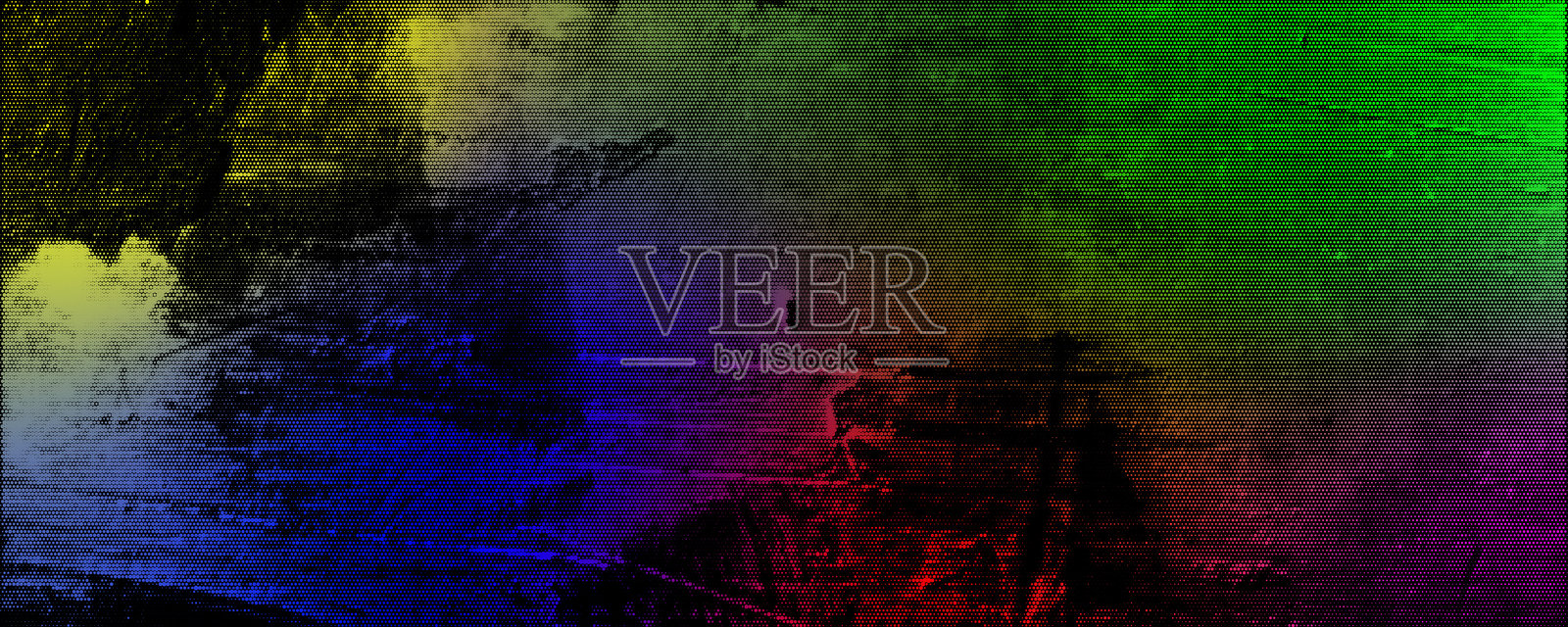 带有半色调效果的磨损背景。肮脏墙壁上的多彩印刷，明亮的油漆斑点，飞溅和划痕。插画图片素材