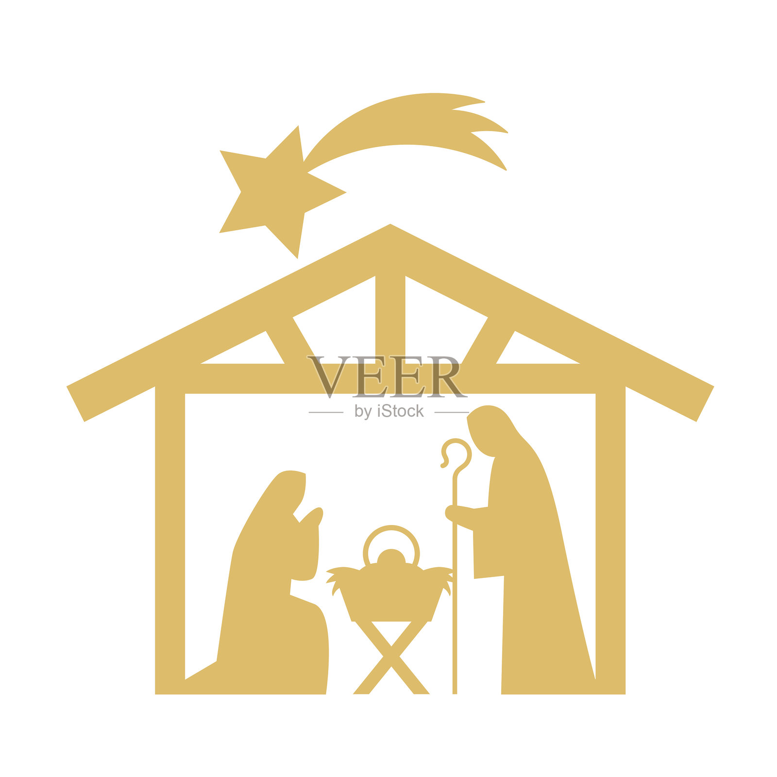 圣诞降生场景，圣夜：玛丽和约瑟与婴儿耶稣在马槽中，棚屋和金色的伯利恒之星图标插画图片素材