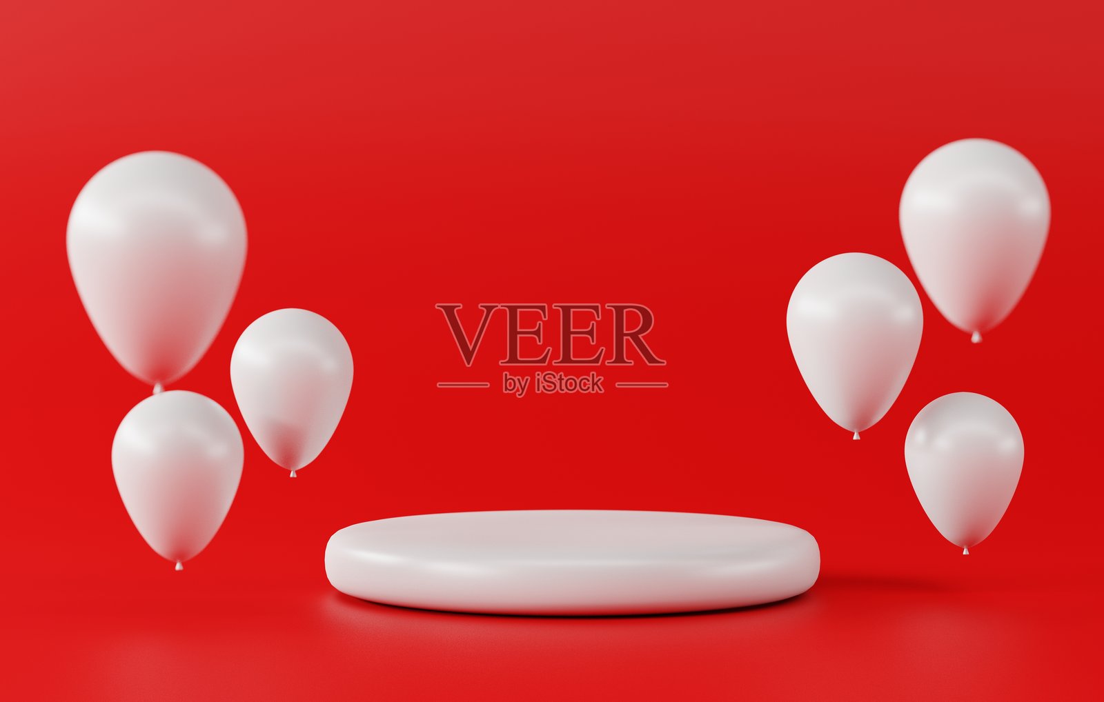 红色背景上的白色空讲台，气球装饰，产品展示的基座，3D渲染照片摄影图片