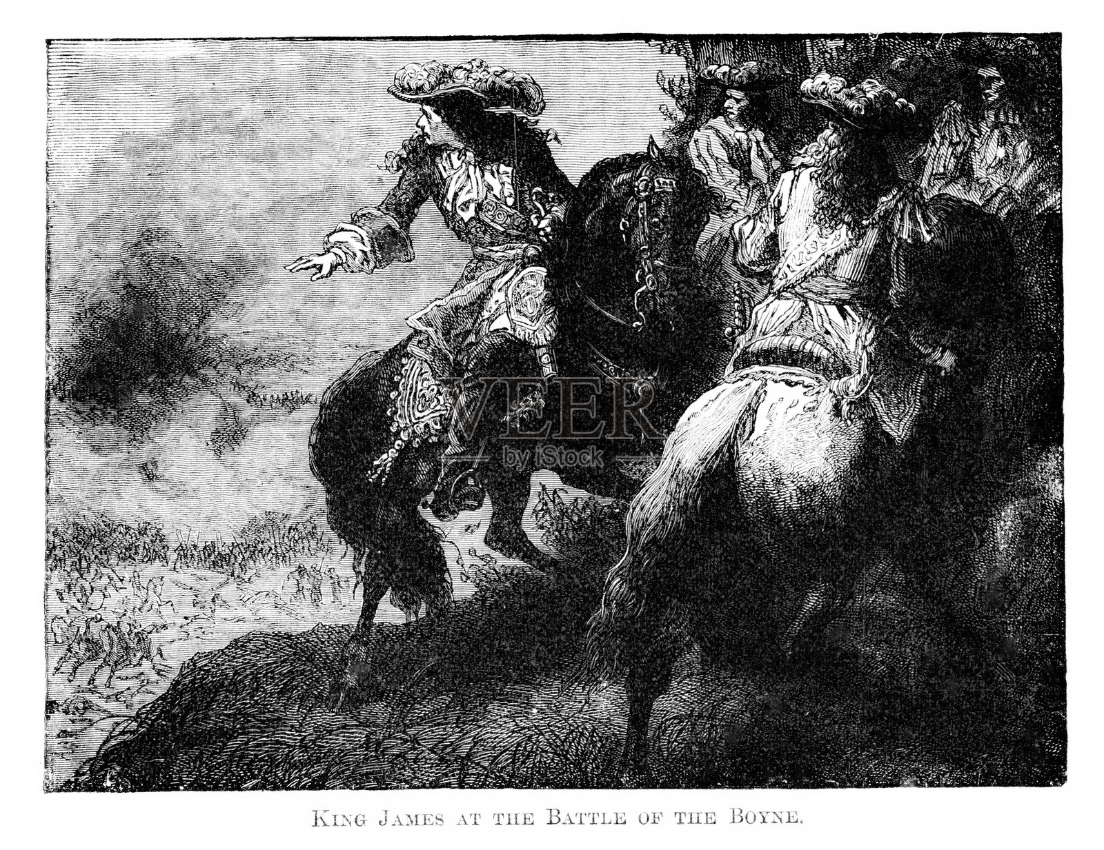 詹姆斯二世在博因河战役，17世纪英国历史插画图片素材