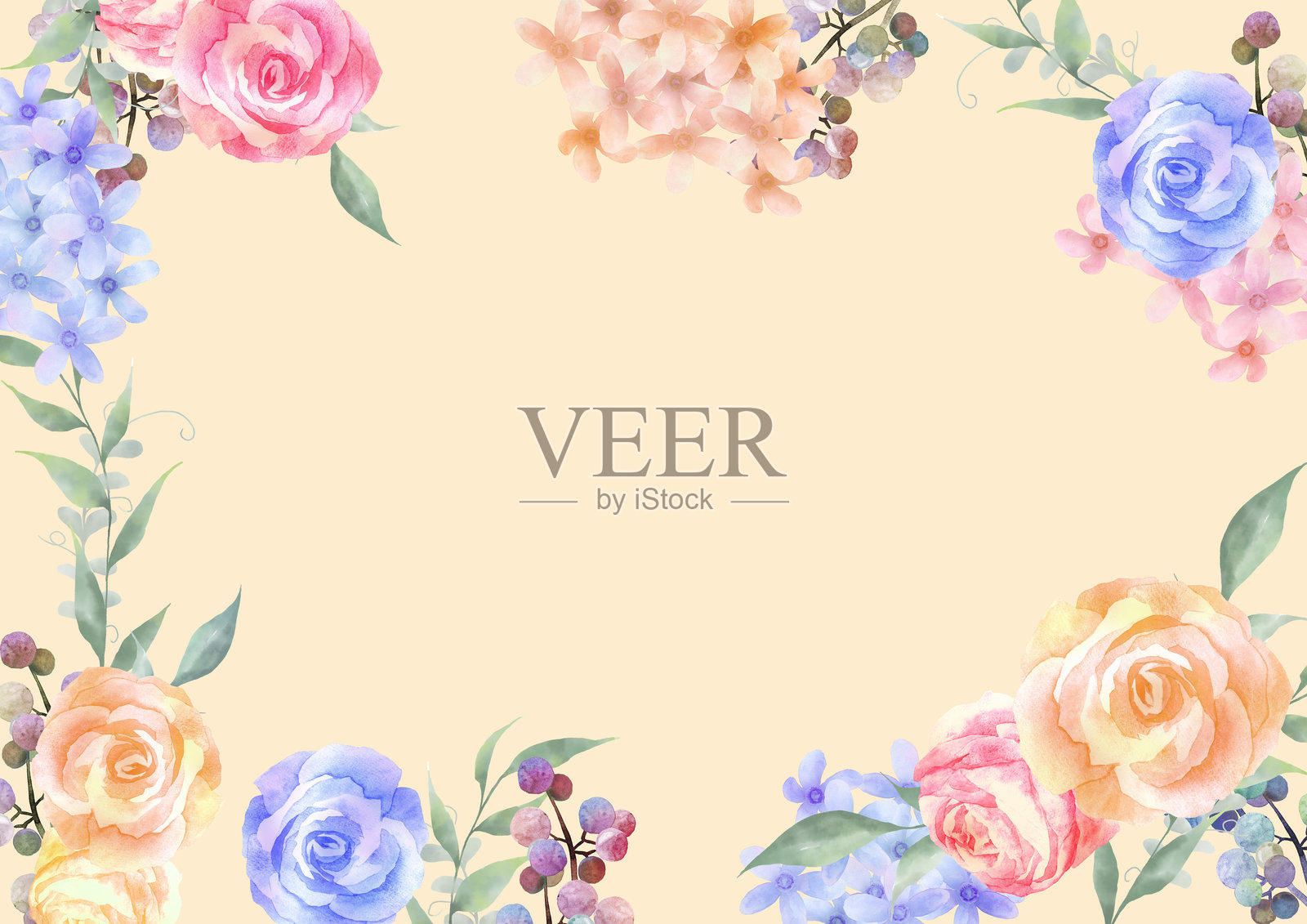 水彩花卉框架构图，色彩斑斓的玫瑰和叶子插画图片素材