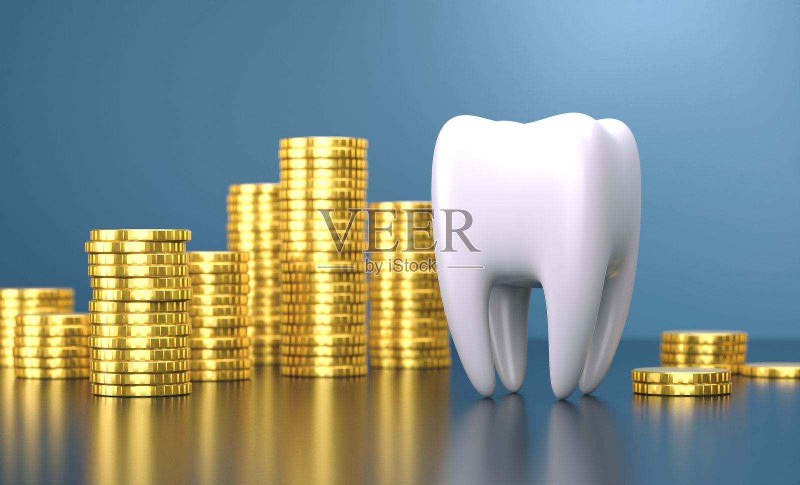 牙齿与硬币。牙科费用概念。照片摄影图片