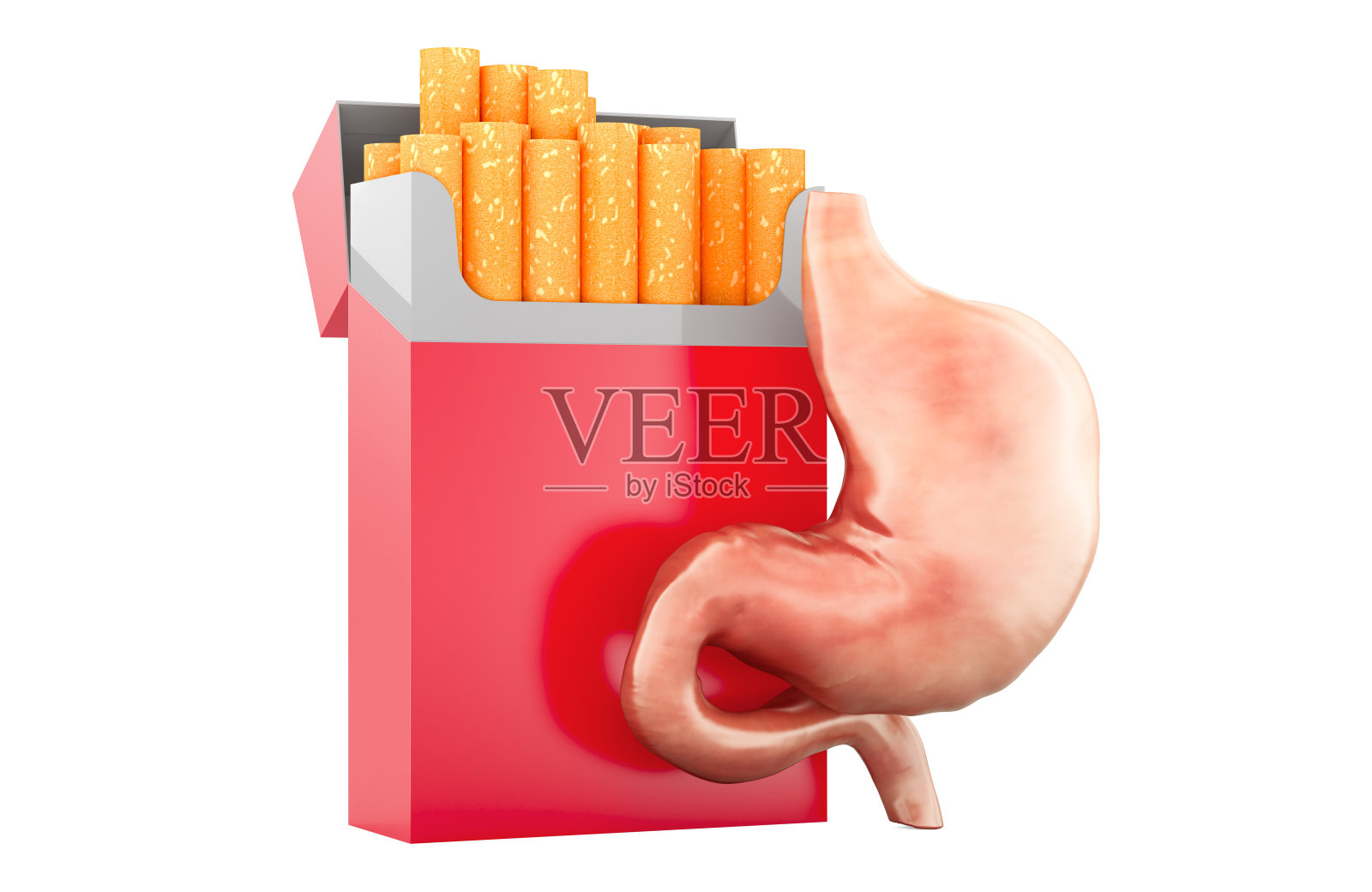 吸烟导致的胃病概念。胃与香烟包装。3D渲染。照片摄影图片