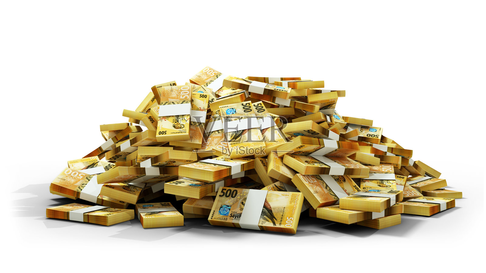 一大堆塞舌尔卢比钞票，白色背景上的大量现金。现金捆的3D渲染图。照片摄影图片