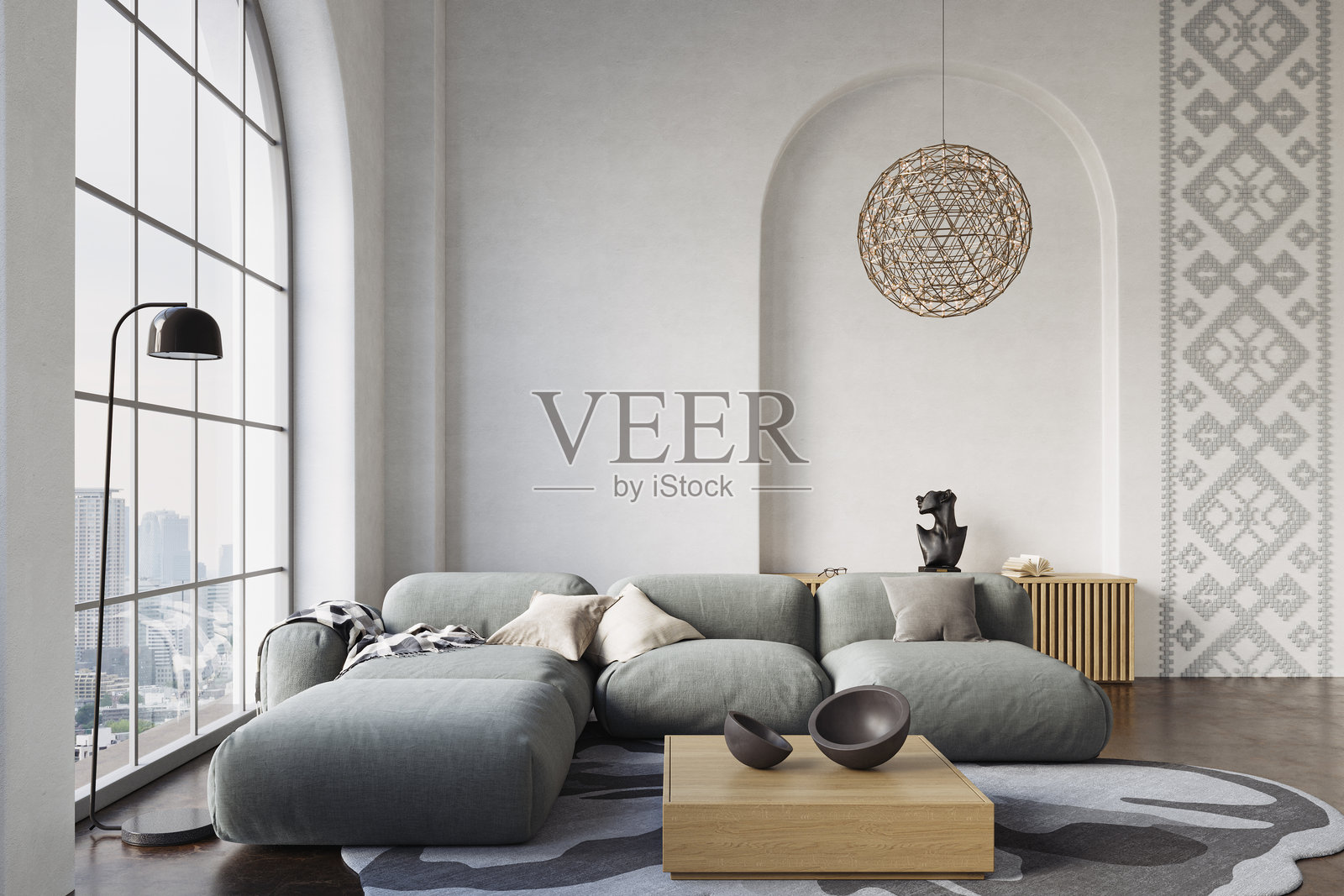 现代室内设计，舒适的沙发和木质家具与拱形白墙背景相映成趣，3D渲染图照片摄影图片