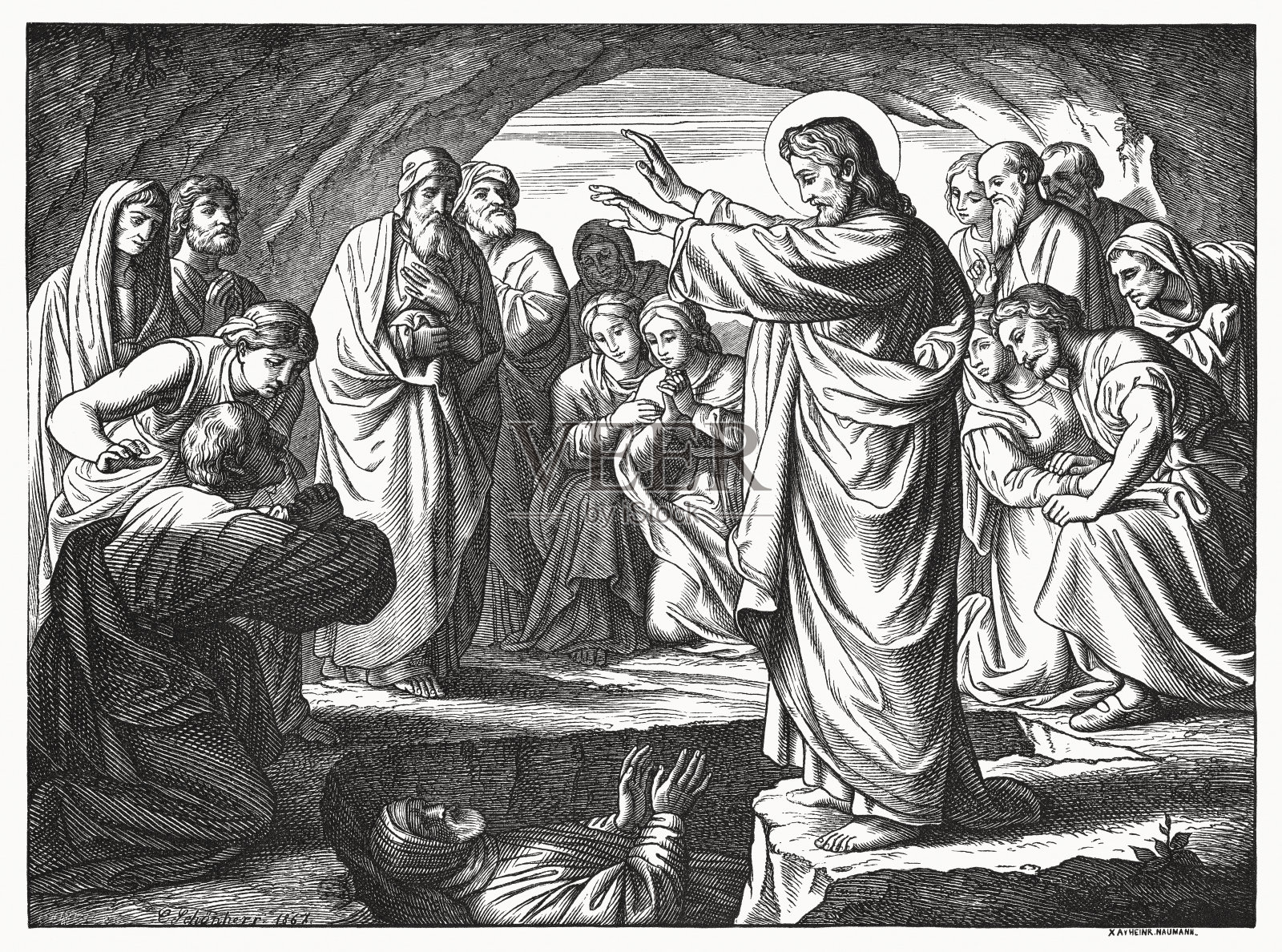 耶稣复活拉撒路（约翰福音11章），木刻版画，出版于1883年插画图片素材