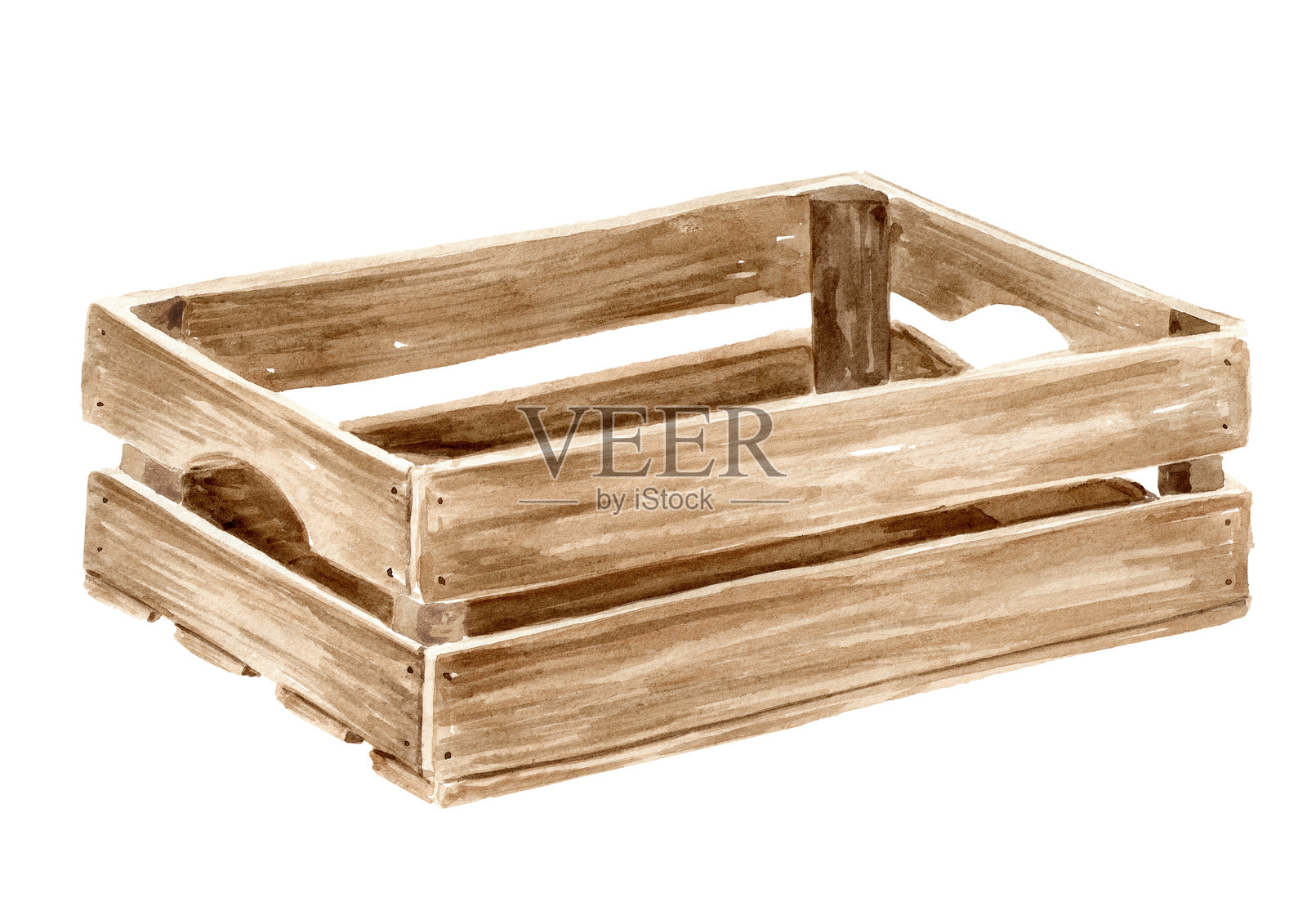 空木箱、盒子、篮子。水彩手绘插图，独立于白色背景。插画图片素材