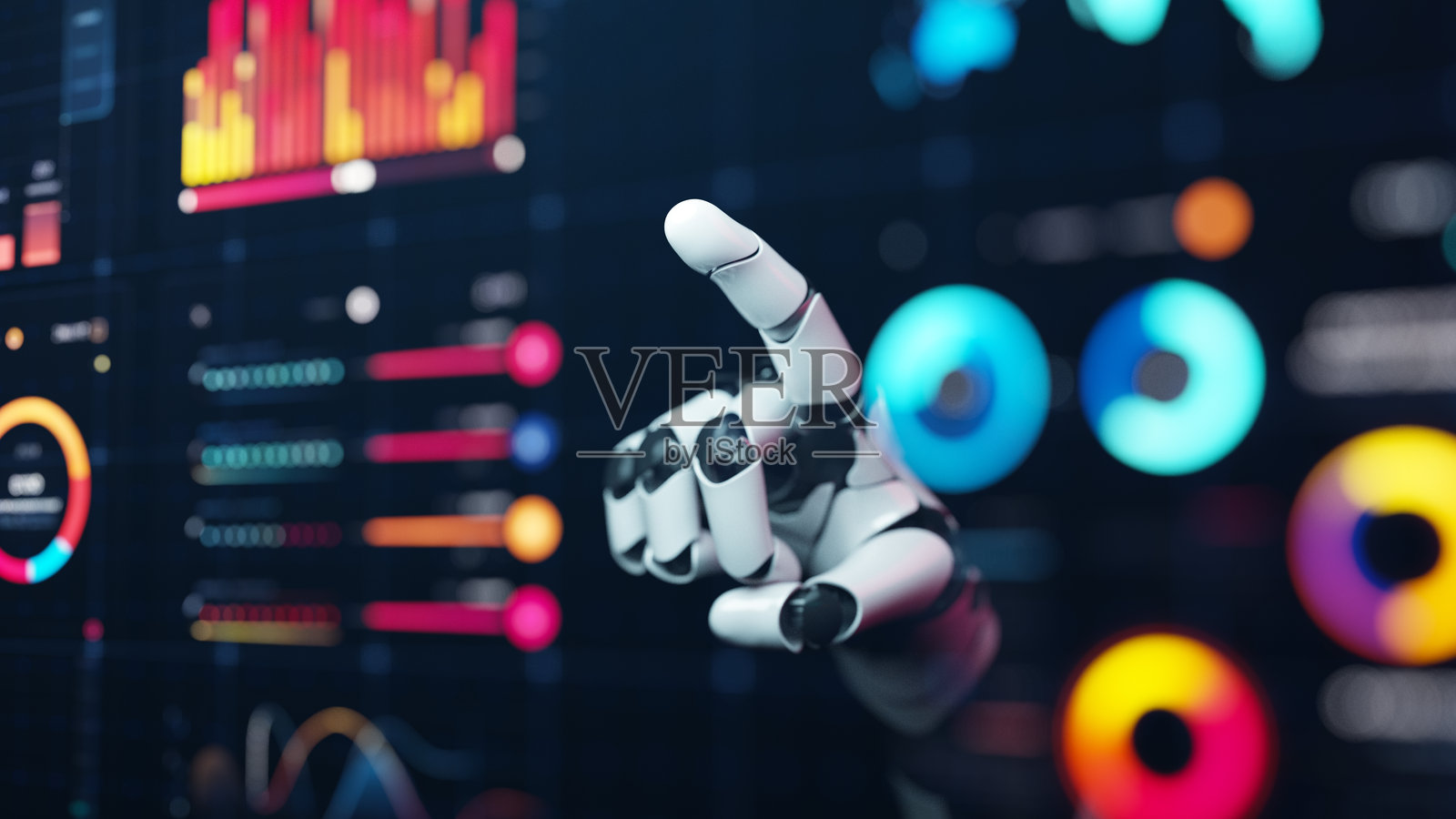 未来派机器人手与多彩数字数据界面互动照片摄影图片