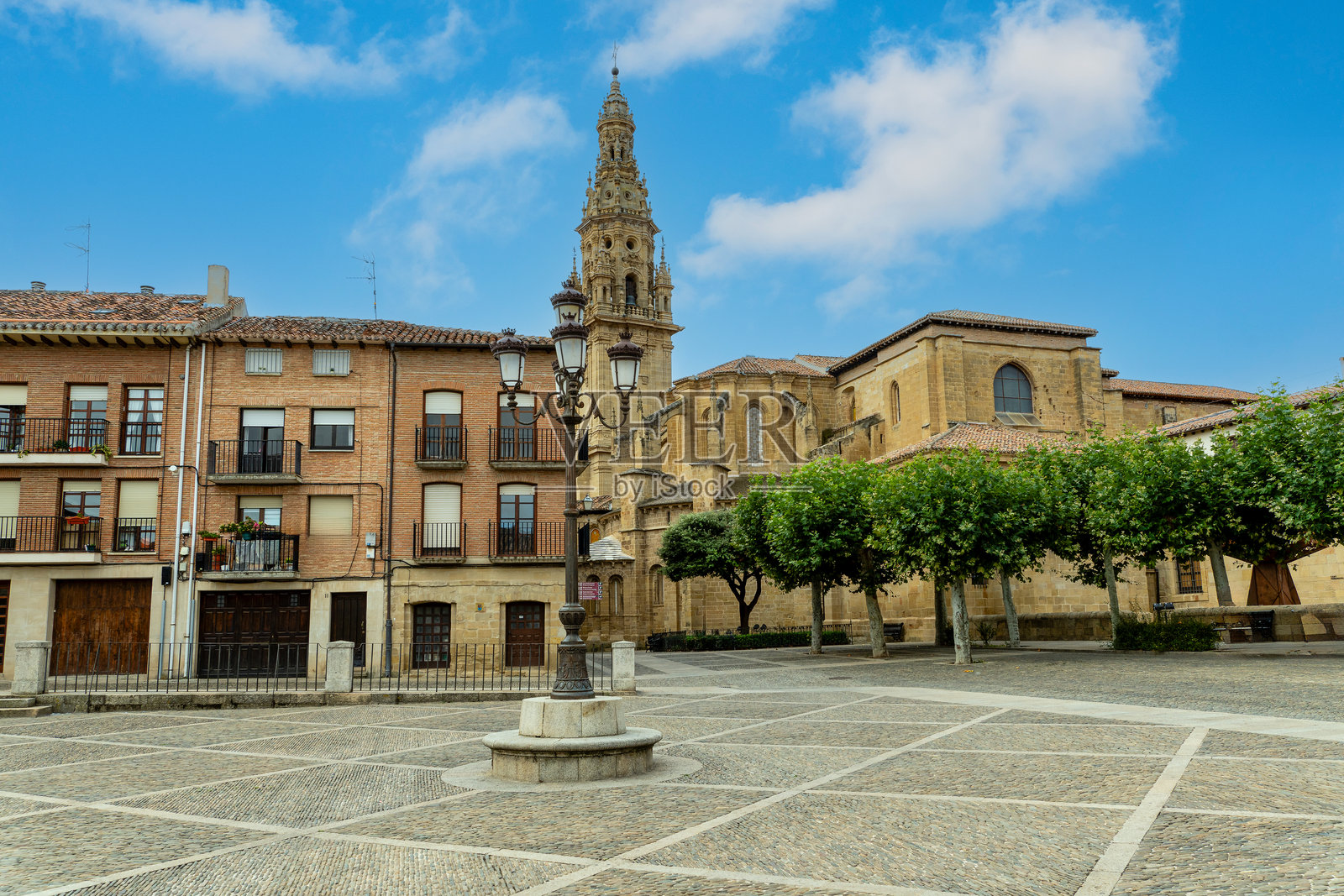 华丽的街灯矗立在圣多明各德拉卡尔萨大教堂前照片摄影图片