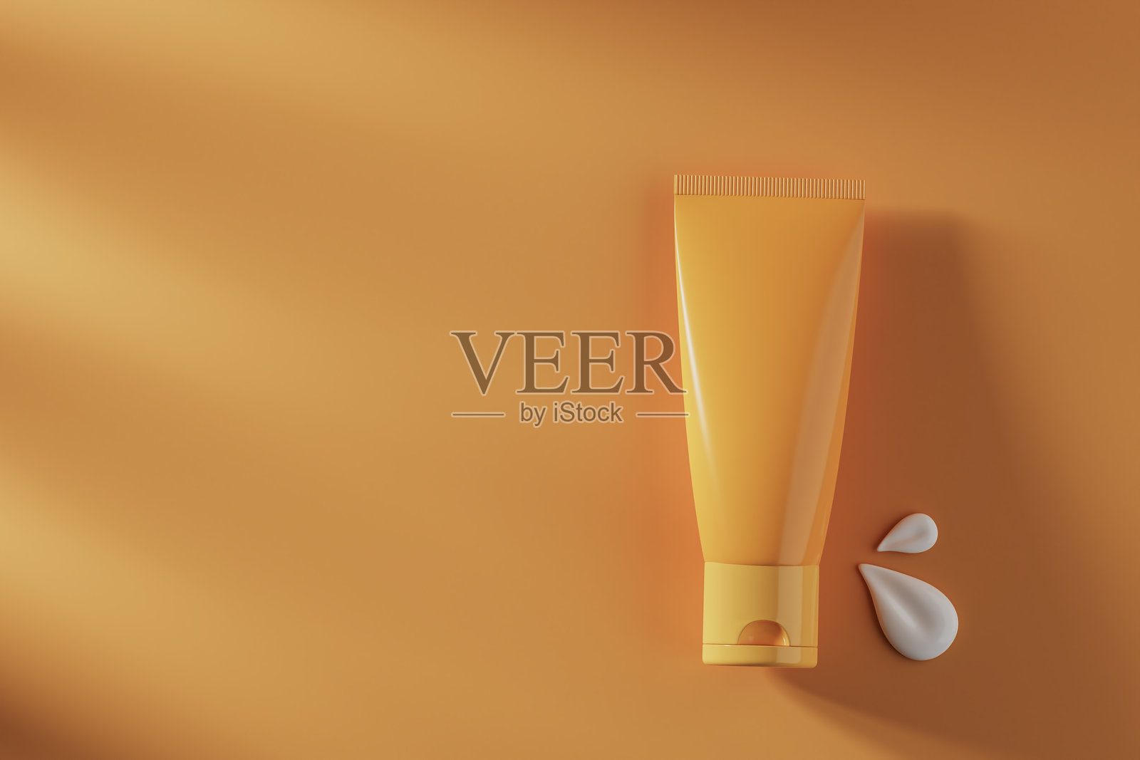 顶部视角的橙色防晒霜管道模型，3D渲染。照片摄影图片