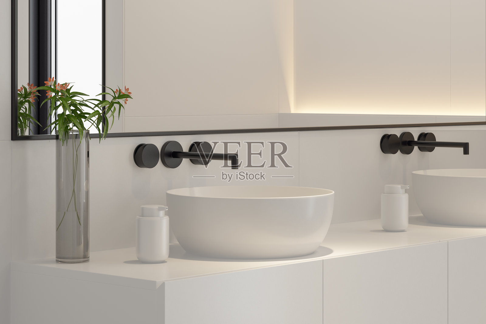 现代极简风格全白浴室，配有奢华黑色细节照片摄影图片