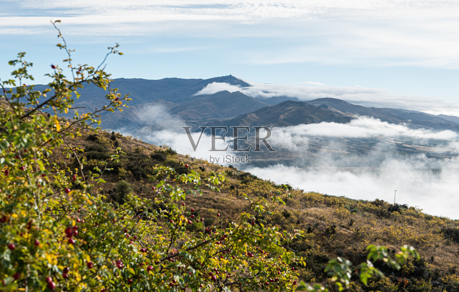 新西兰克莱德的山丘被低云雾笼罩照片摄影图片
