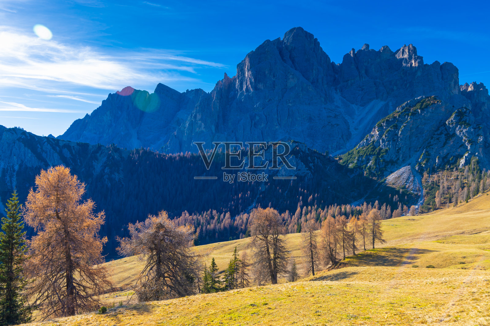 多洛米蒂山脉的秋季色彩。黄色和橙色的森林树木。照片摄影图片