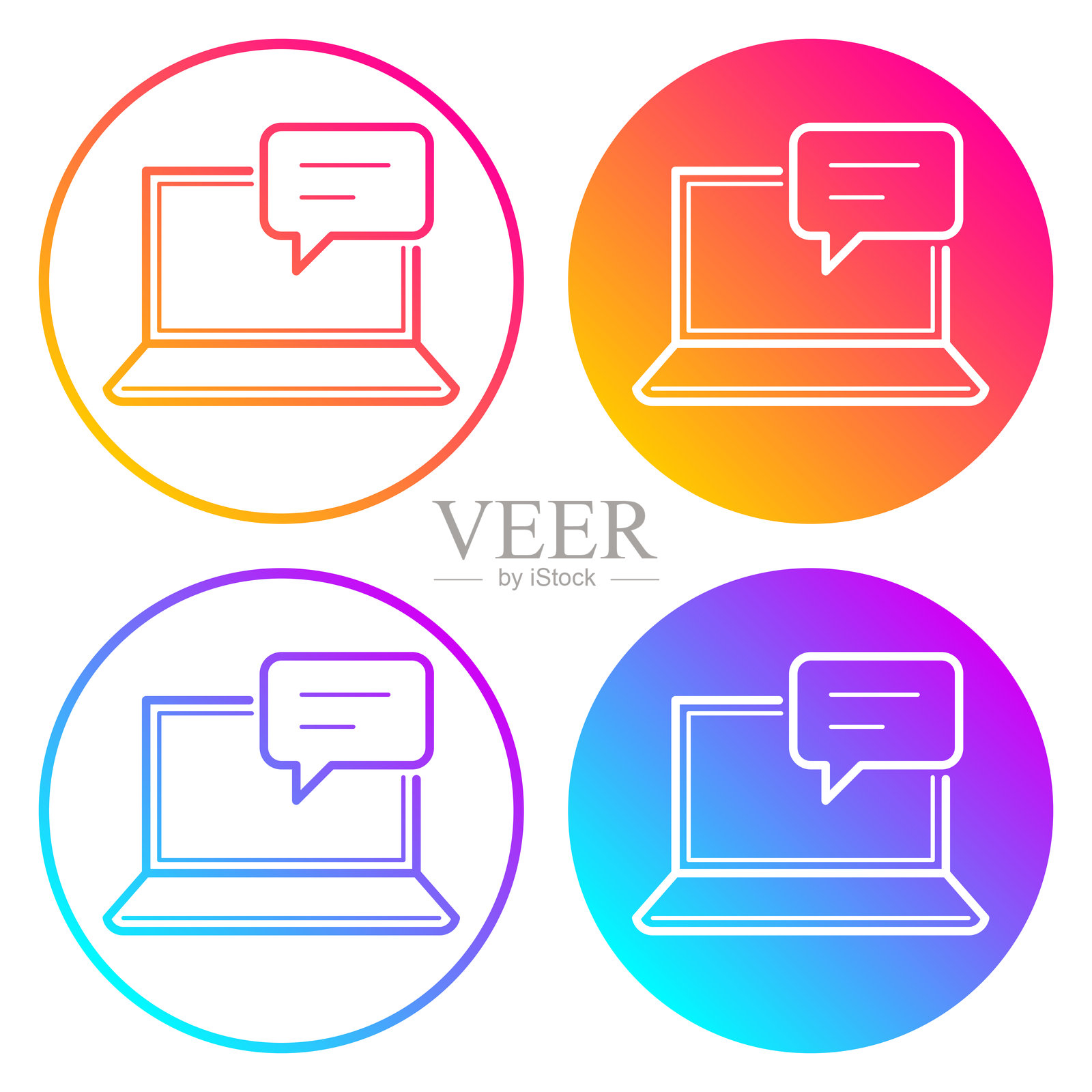 带有对话气泡的笔记本电脑。带有颜色渐变的圆形图标插画图片素材