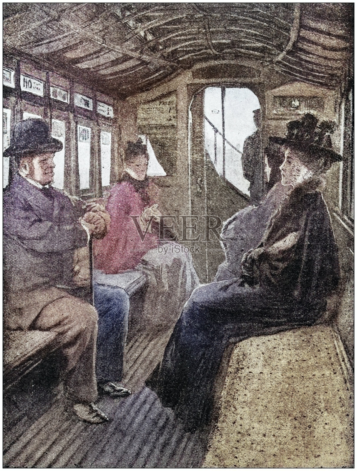 古董画插图：电车上的人们插画图片素材