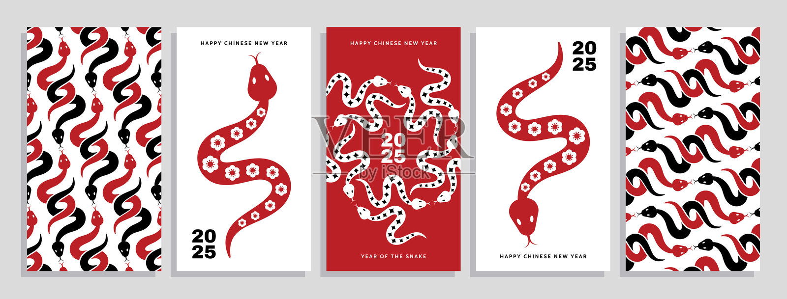 2025年中国新年，蛇年。新年快乐。贺卡系列，竖版设计。中国生肖蛇的象征。农历新年。矢量设计。插画图片素材