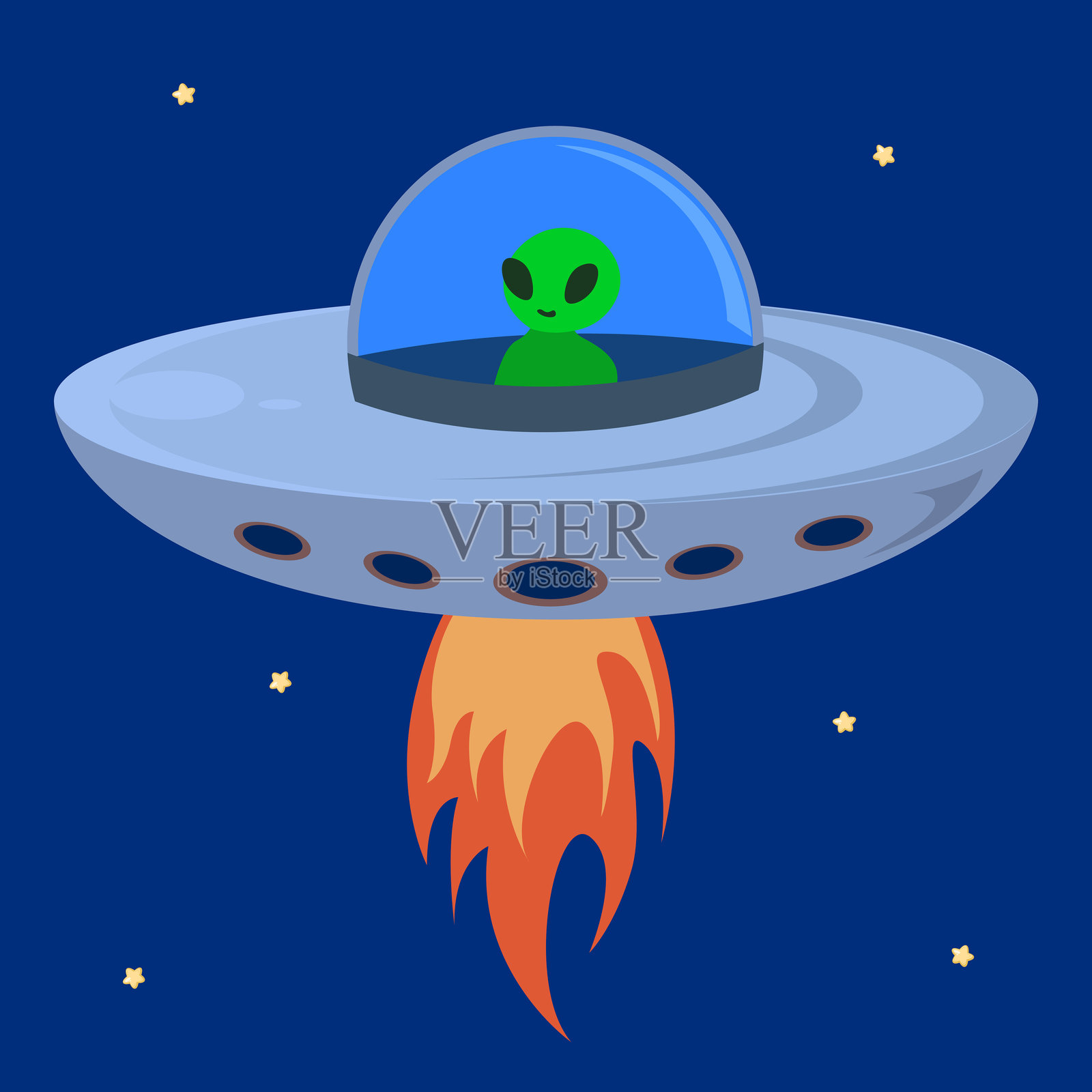 可爱的卡通外星人骑着飞碟在太空中的插图插画图片素材