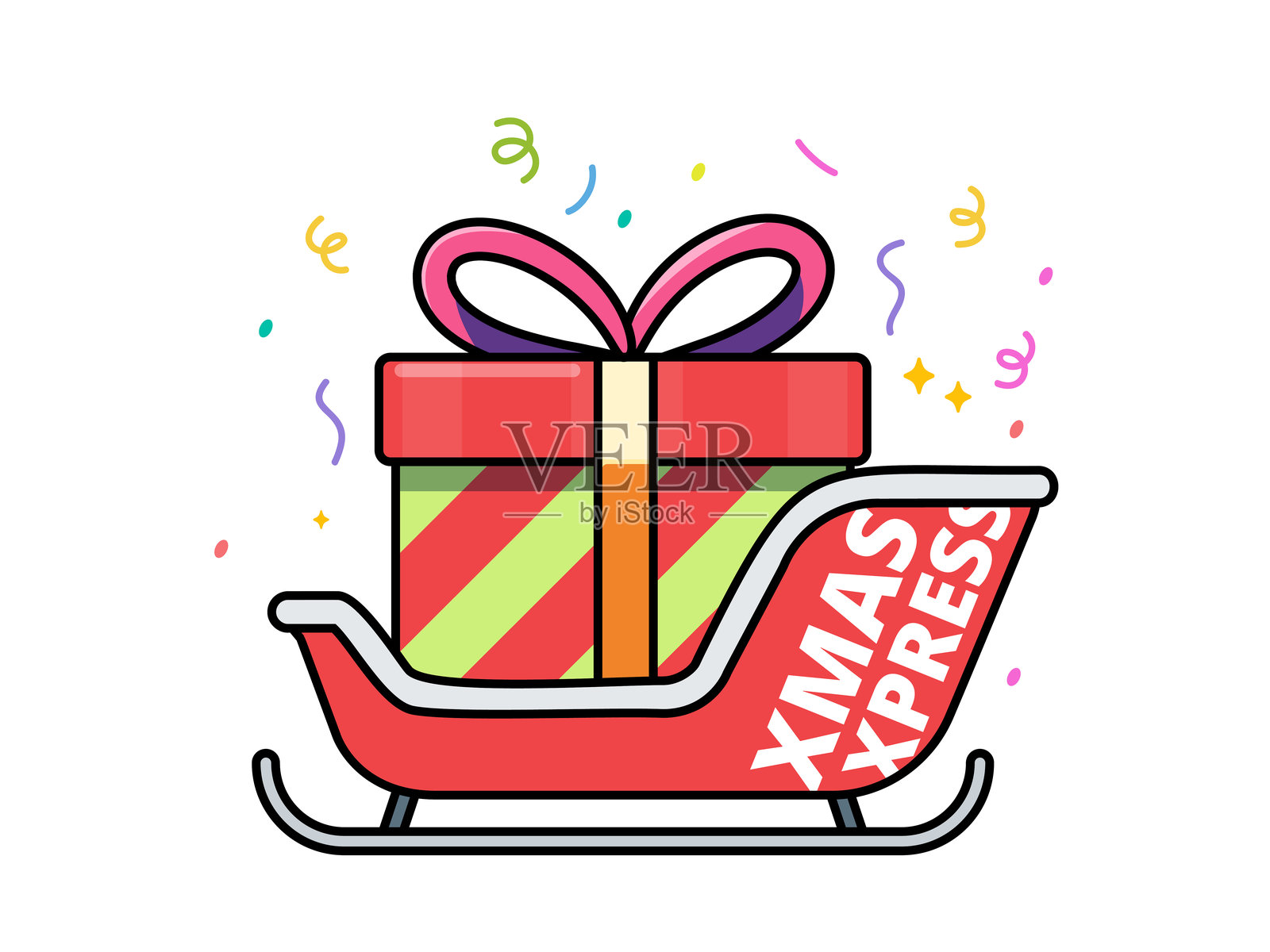 圣诞老人雪橇与一个大礼物盒。孤立的矢量插图插画图片素材