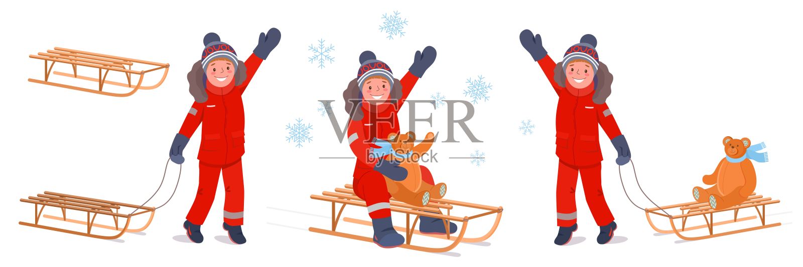 小男孩穿着红色冬季连体衣，拉着空雪橇，雪橇上有一只毛绒熊，正在下坡滑雪。插画图片素材