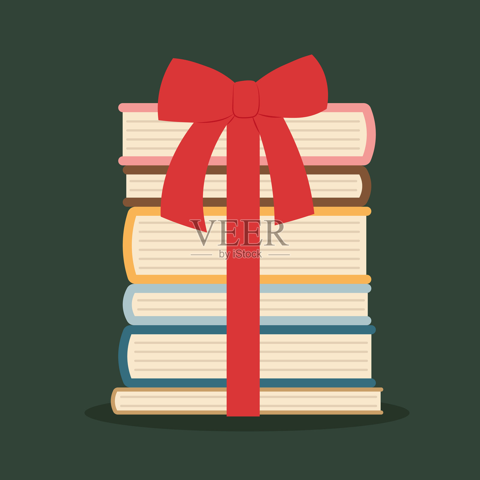 一堆书上系着红色丝带，象征着最佳圣诞礼物的概念插画图片素材