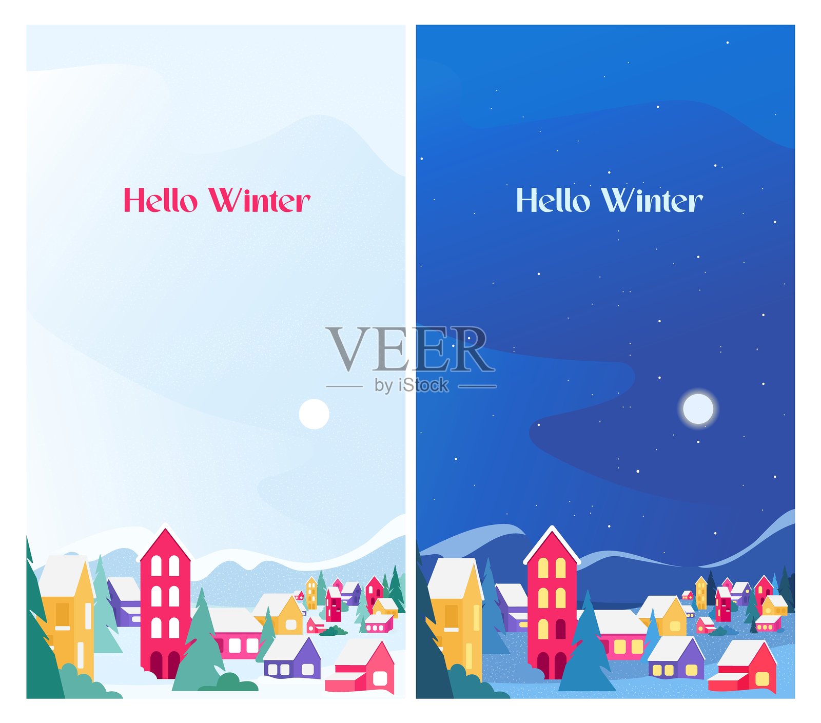你好，冬天，垂直横幅，五彩缤纷的房子插画图片素材