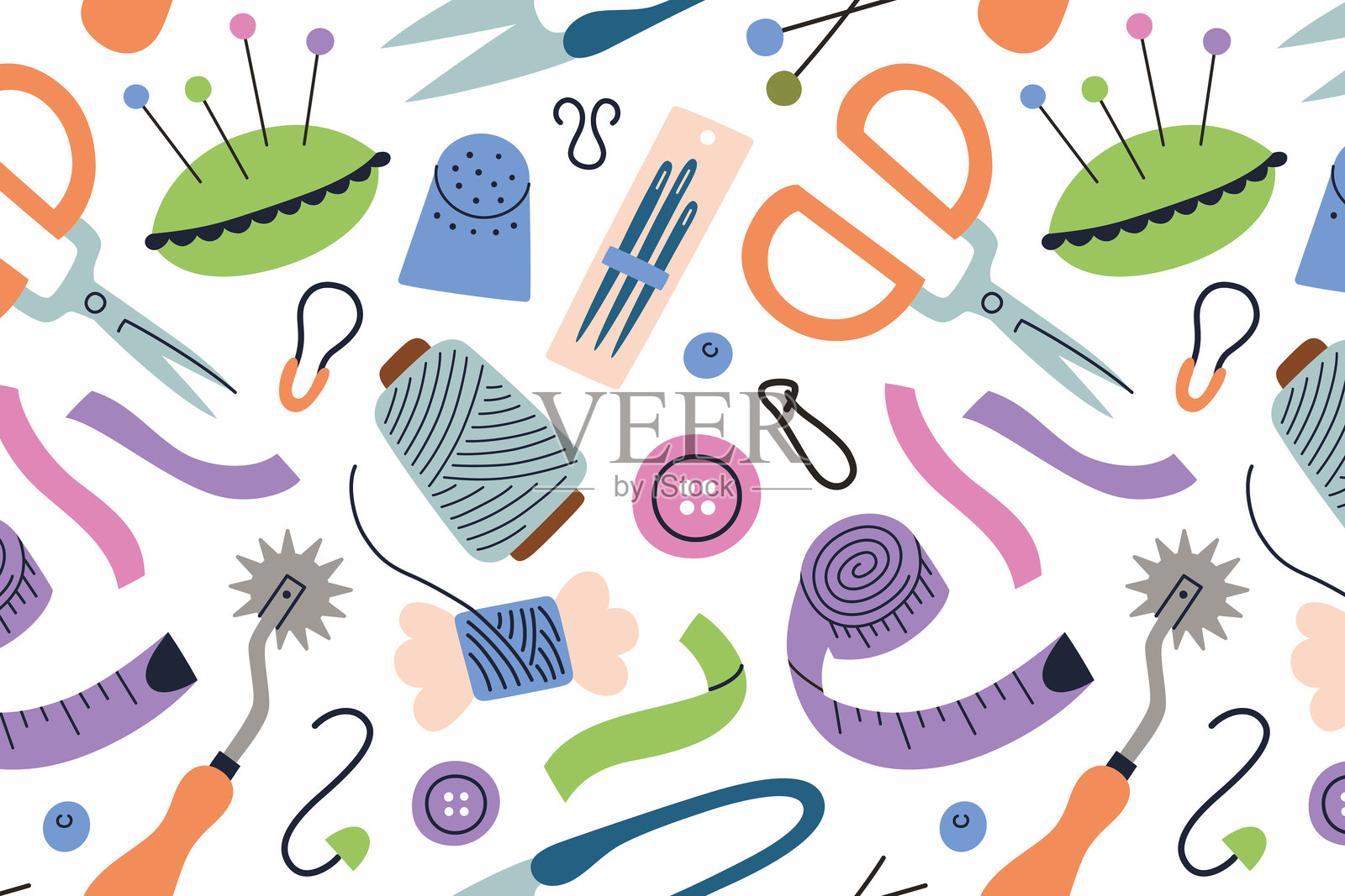 色彩缤纷的缝纫图案，带有针线工具的矢量插图，扁平卡通设计。背景包含剪刀、线、针、纽扣和丝带。非常适合手工艺、裁缝和创意项目。插画图片素材