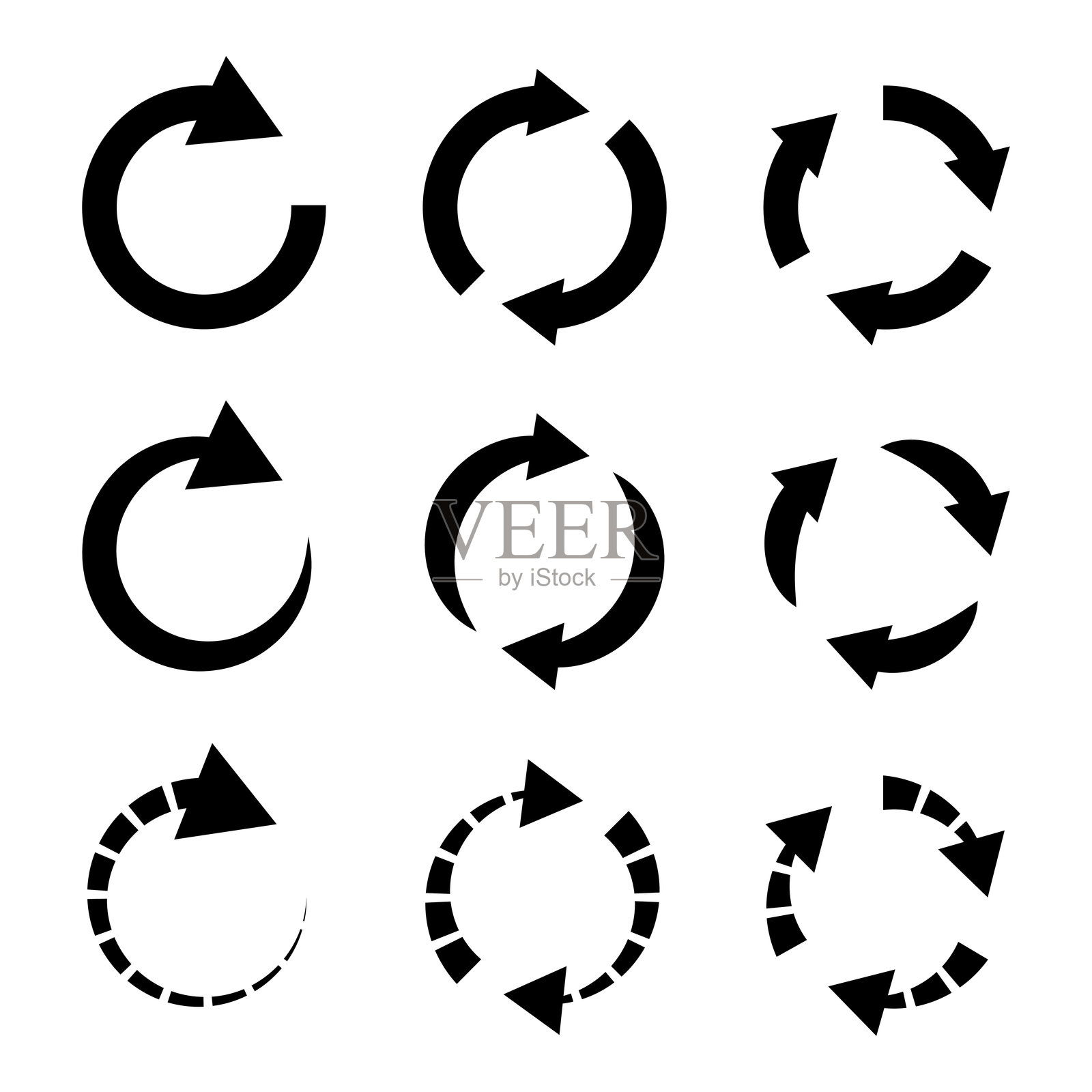 一组黑色的圆形箭头图标。生态和环境符号。插画图片素材